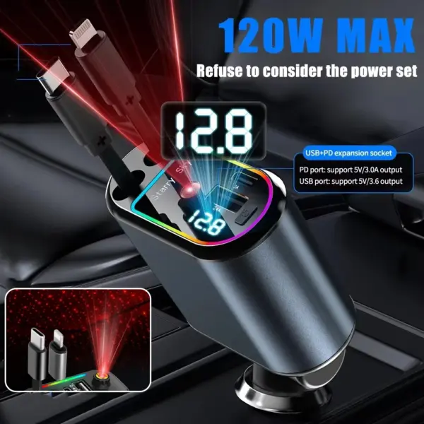Chargeur rapide de voiture PD30W 4 en 1, adaptateur d'alimentation USB type-c, chargeur de téléphone rétractable avec toit Starlight pour téléphones IOS et Android